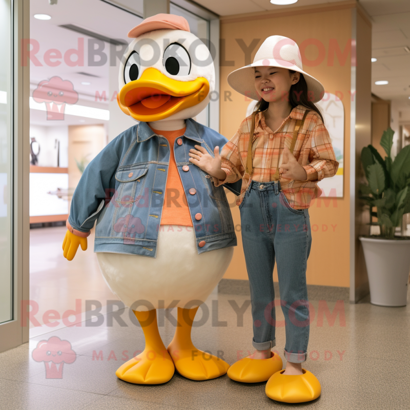 Peach Goose mascot costume character dressed with a Mom Jeans and Hats Peach Goose mascot costume character dressed with a Mom Jeans and Hats