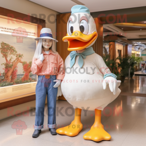 Peach Goose mascot costume character dressed with a Mom Jeans and Hats