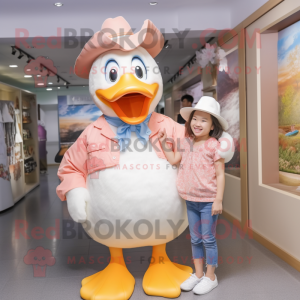 Peach Goose mascot costume character dressed with a Mom Jeans and Hats