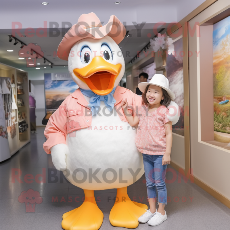 Peach Goose mascot costume character dressed with a Mom Jeans and Hats