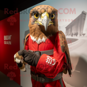 Red Hawk mascot costume character dressed with a Playsuit and Mittens
