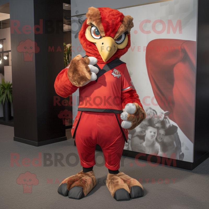 Red Hawk mascot costume character dressed with a Playsuit and Mittens