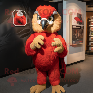 Red Hawk mascot costume character dressed with a Playsuit and Mittens