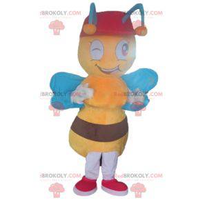 Mascotte d'abeille jaune et marron avec des ailes bleues -