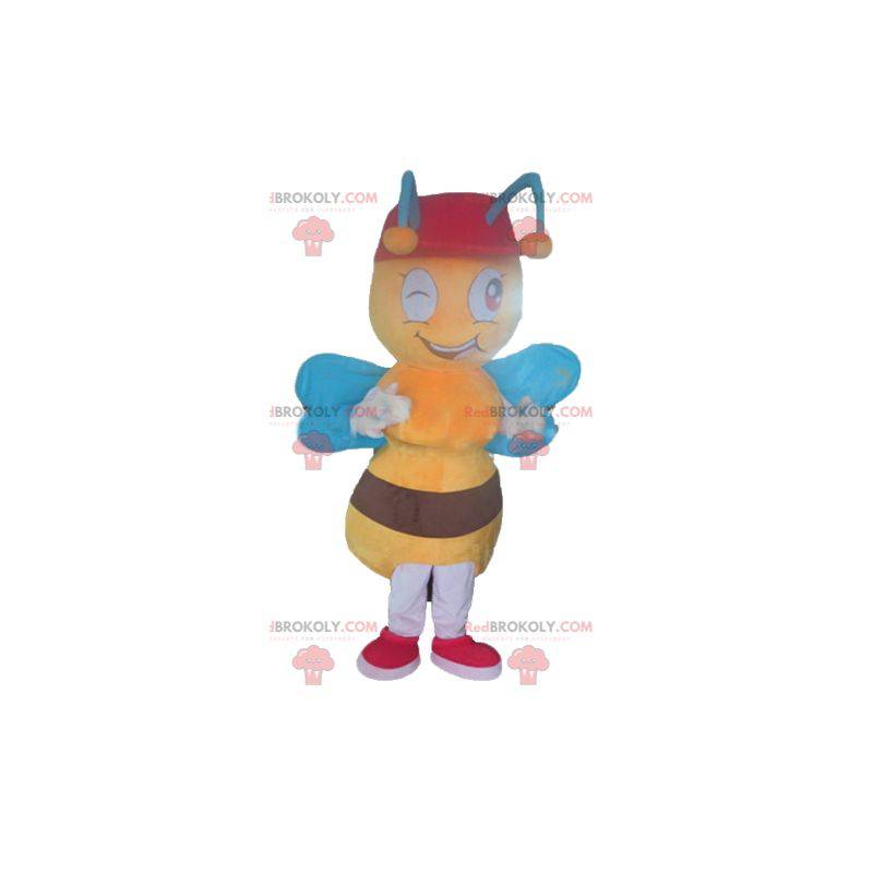 Žlutý a hnědý včelí maskot s modrými křídly - Redbrokoly.com