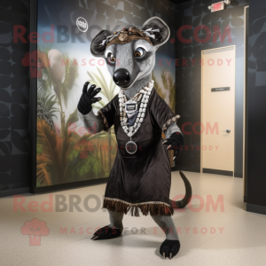 Black Thylacosmilus mascot costume character dressed with a Shift Dress and Headbands