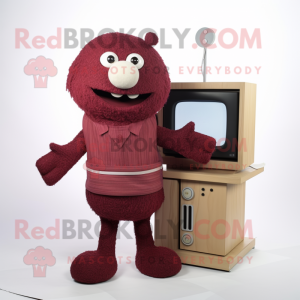 Maroon Television mascot costume character dressed with a Cardigan and Anklets