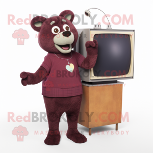 Maroon Television mascot costume character dressed with a Cardigan and Anklets