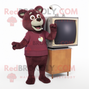 Maroon Television mascot costume character dressed with a Cardigan and Anklets