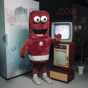 Maroon Television mascot costume character dressed with a Cardigan and Anklets