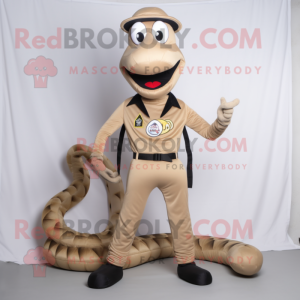 Beige Snake mascot costume character dressed with a V-Neck Tee and Suspenders
