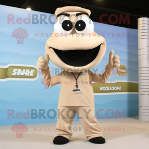 Beige Snake mascot costume character dressed with a V-Neck Tee and Suspenders