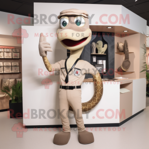 Beige Snake mascot costume character dressed with a V-Neck Tee and Suspenders