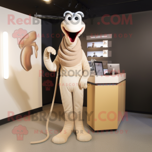 Beige Snake mascot costume character dressed with a V-Neck Tee and Suspenders