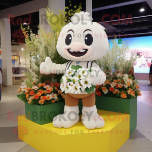 Cream Bouquet Of Flowers mascot costume character dressed with a Vest and Bracelet watches