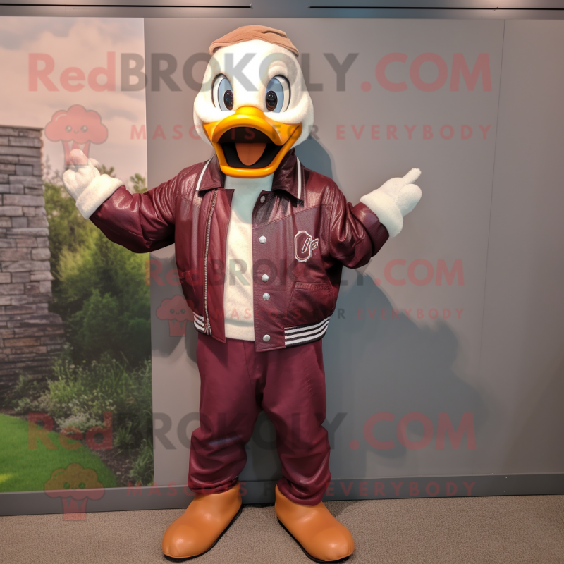 Maroon Geese mascot costume character dressed with a Leather Jacket and Ties Maroon Geese mascot costume character dressed with a Leather Jacket and Ties