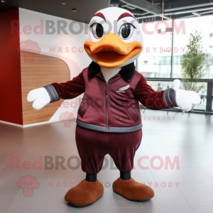 Maroon Geese mascot costume character dressed with a Leather Jacket and Ties