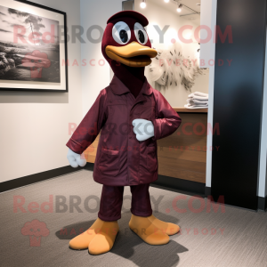 Maroon Geese mascot costume character dressed with a Leather Jacket and Ties