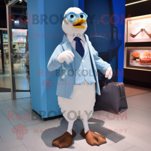Sky Blue Gull mascot costume character dressed with a Dress Shirt and Wallets
