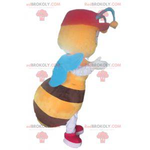 Yellow and brown bee mascot with blue wings - Redbrokoly.com