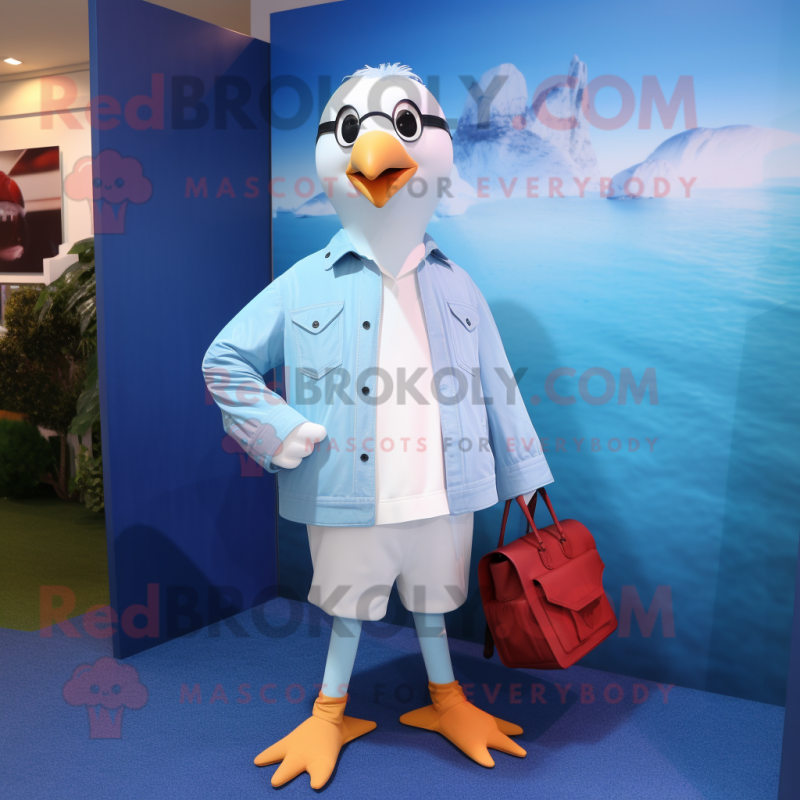 Sky Blue Gull mascot costume character dressed with a Dress Shirt and Wallets Sky Blue Gull mascot costume character dressed with a Dress Shirt and Wallets