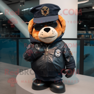 Peach Navy Seal mascot costume character dressed with a Leather Jacket and Berets