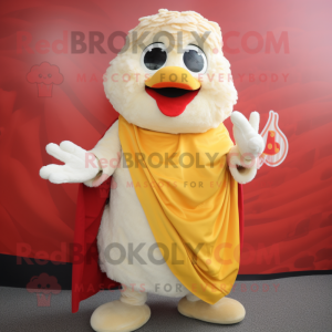 Cream Chicken Parmesan mascot costume character dressed with a Playsuit and Wraps