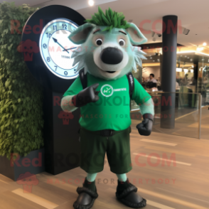 Forest Green Wild Boar mascot costume character dressed with a One-Piece Swimsuit and Smartwatches