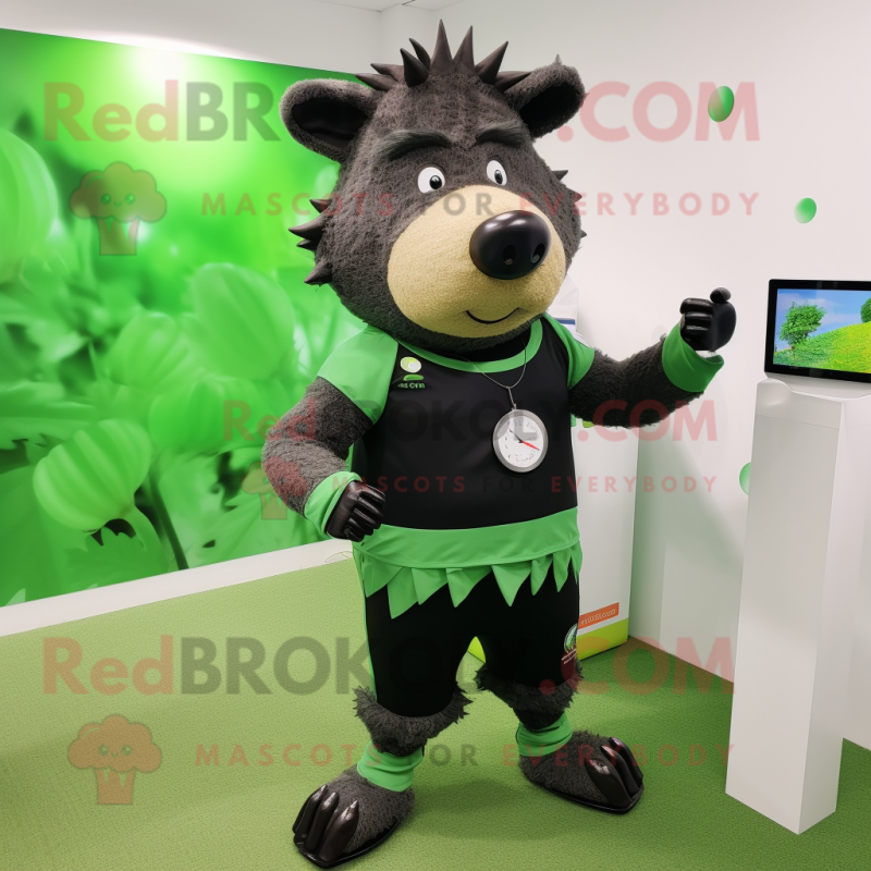 Forest Green Wild Boar mascot costume character dressed with a One-Piece Swimsuit and Smartwatches