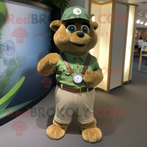 Tan Green Beer mascot costume character dressed with a Overalls and Bracelet watches