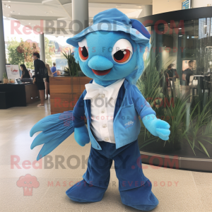 Sky Blue Betta Fish mascot costume character dressed with a Henley Shirt and Cummerbunds