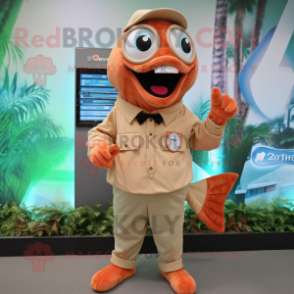 Tan Salmon mascot costume character dressed with a Blouse and Digital watches