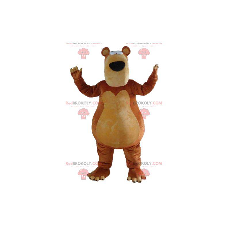 Mascote urso marrom e bege bem rechonchudo e engraçado -