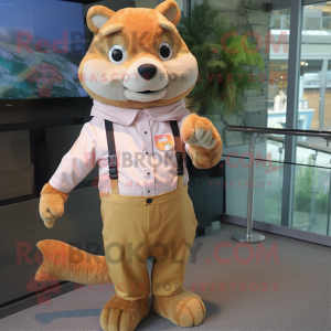 Tan Salmon mascot costume character dressed with a Blouse and Digital watches