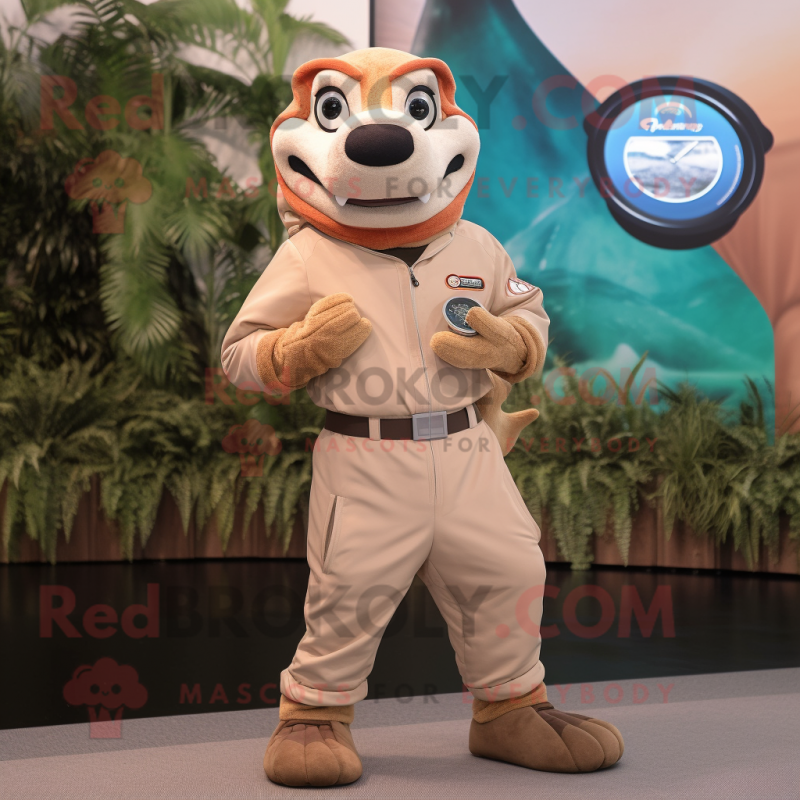 Tan Salmon mascot costume character dressed with a Blouse and Digital watches Tan Salmon mascot costume character dressed with a Blouse and Digital watches