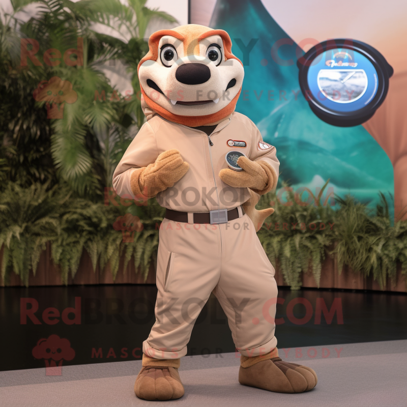 Tan Salmon mascot costume character dressed with a Blouse and Digital watches