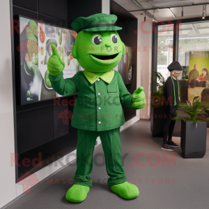Green Devil mascot costume character dressed with a Oxford Shirt and Berets