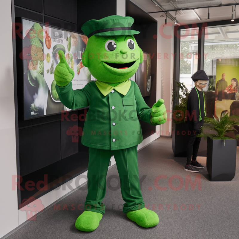 Green Devil mascot costume character dressed with a Oxford Shirt and Berets Green Devil mascot costume character dressed with a Oxford Shirt and Berets