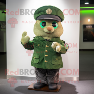 Green Police Officer mascot costume character dressed with a Parka and Shawl pins