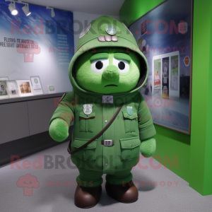 Green Police Officer mascot costume character dressed with a Parka and Shawl pins