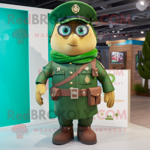 Green Police Officer mascot costume character dressed with a Parka and Shawl pins