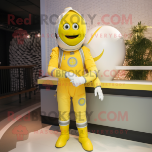 Lemon Yellow Astronaut mascot costume character dressed with a Henley Tee and Anklets