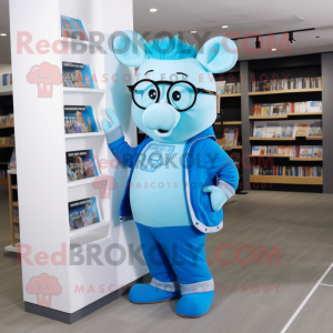 Blue Pig mascot costume character dressed with a Graphic Tee and Reading glasses
