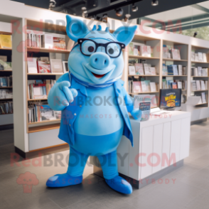 Blue Pig mascot costume character dressed with a Graphic Tee and Reading glasses