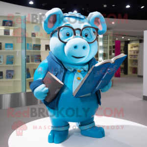 Blue Pig mascot costume character dressed with a Graphic Tee and Reading glasses