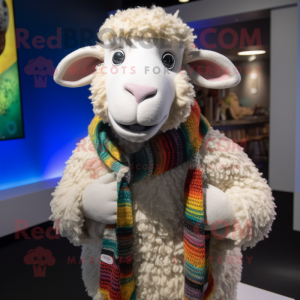 nan Merino Sheep mascot costume character dressed with a Sweater and Scarves