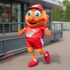 Red Fish And Chips mascot costume character dressed with a Running Shorts and Cummerbunds