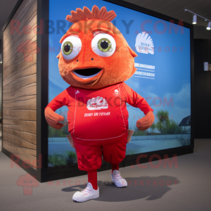 Red Fish And Chips mascot costume character dressed with a Running Shorts and Cummerbunds