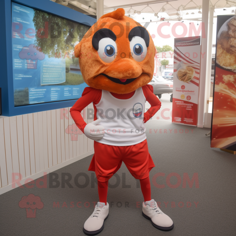 Red Fish And Chips mascot costume character dressed with a Running Shorts and Cummerbunds Red Fish And Chips mascot costume character dressed with a Running Shorts and Cummerbunds