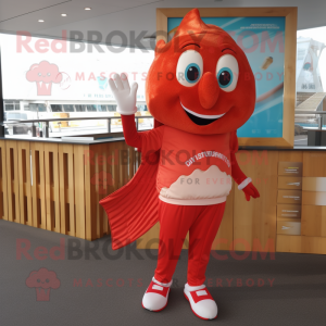 Red Fish And Chips mascot costume character dressed with a Running Shorts and Cummerbunds